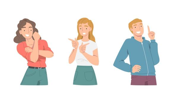Smiling people communicating with hand gestures set. Man and woman showing fist and pointing with index fingers cartoon illustration vector