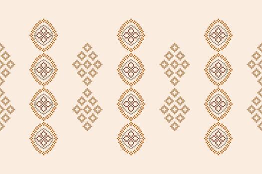 Fabric pattern with art motifs brown cream color background pixel ethnic pattern decor. vector