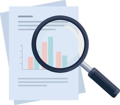 Magnifying Glass Examining Financial Charts on Paper for Data Analysis vector