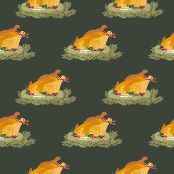 Seamless pattern with baked Christmas chicken on a plate with greens and cranberries and fir branches on a green background vector