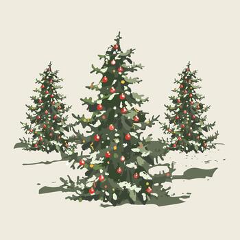 Three Christmas trees with red ornaments. One is in the foreground, the other two are in the background vector