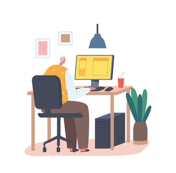 abuelo utilizando nuevo tecnologías, mayor gris peludo masculino personaje sentar a escritorio con ordenador personal mecanografía mensaje, reloj o surf en redes Envejecido hombre utilizar electrónico dispositivo. dibujos animados ilustración vector