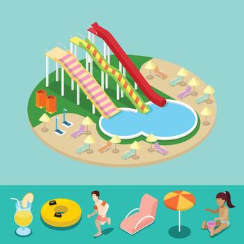 Isometric Aqua Park with Water Slides and Pool vector