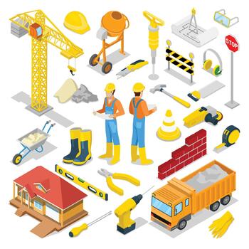 Isometric Builder with Construction Instruments vector