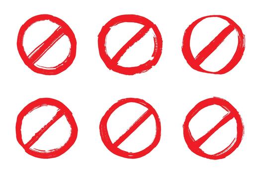 Set of hand drawn prohibition sign No entry symbol Red circle with cross line clipart in doodle style Ban Restriction Forbidden stop Single element for print, web, design entry ink vector