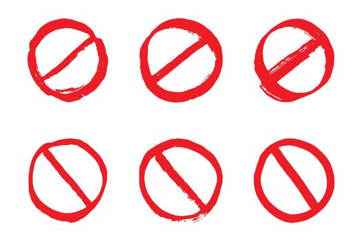 Set of hand drawn prohibition sign No entry symbol Red circle with cross line clipart in doodle style Ban Restriction Forbidden stop Single element for print, web, design entry cross vector