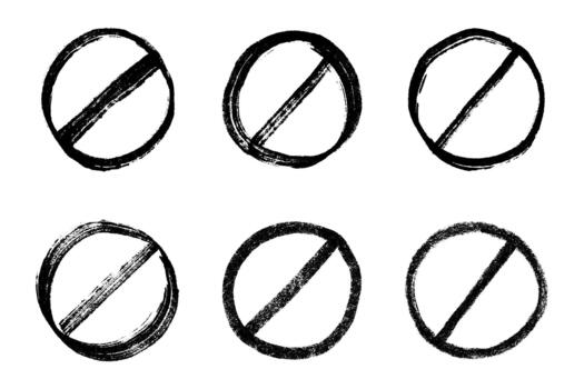 Set of hand drawn prohibition sign No entry symbol Black circle with cross line clipart in doodle style Ban Restriction Forbidden stop Single element for print, web, design entry doodle vector