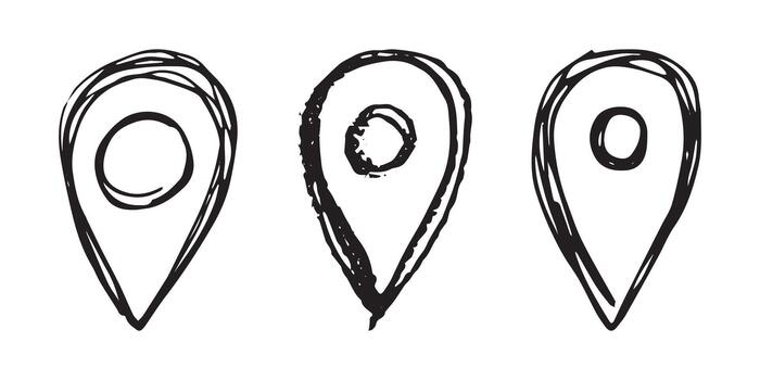 Set of hand drawn map pin Map marker pointer sign GPS and mapping tools Location pin symbol Pinpoint clipart in doodle style Single element for web, design pointer track vector