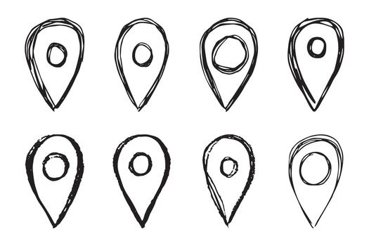 Set of hand drawn map pin Map marker pointer sign GPS and mapping tools Location pin symbol Pinpoint clipart in doodle style Single element for web, design pointer road vector