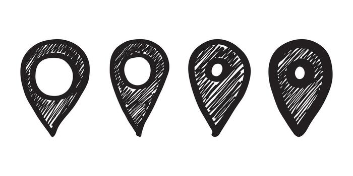 Set of hand drawn map pin Map marker pointer sign GPS and mapping tools Location pin symbol Pinpoint clipart in doodle style Single element for web, design pointer destination vector