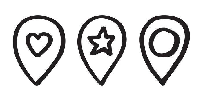 Set of hand drawn map pin Map marker pointer sign GPS and mapping tools Location pin symbol Pinpoint clipart in doodle style Single element for web, design pointer travel vector