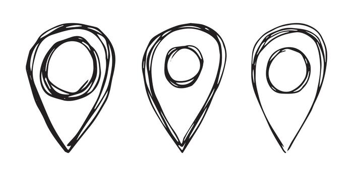 Set of hand drawn map pin Map marker pointer sign GPS and mapping tools Location pin symbol Pinpoint clipart in doodle style Single element for web, design pointer target vector