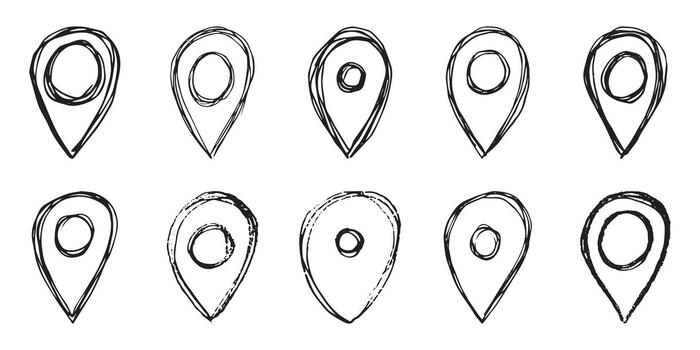 pointer journey Set of hand drawn map pin Map marker pointer sign GPS and mapping tools Location pin symbol Pinpoint clipart in doodle style Single element for web, design vector