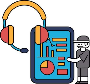 un hombre es en pie en frente de un tableta con un robot en eso vector