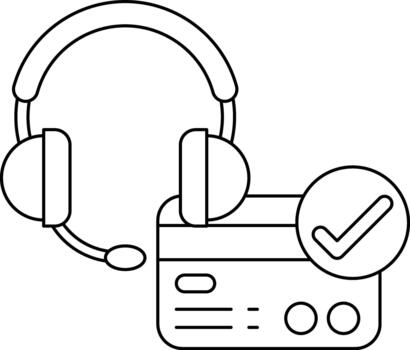 A black and white image of a headset and a credit card with a check mark vector