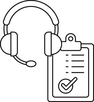 A white and black image of a headset and clipboard with a check mark on it vector