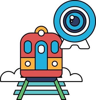 A train is on a track with a camera in front of it vector