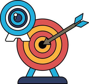 un negro y blanco dibujo de un objetivo con un cámara y un flecha vector