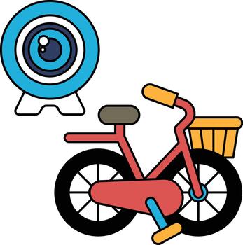 A bicycle with a basket and a camera on the handlebars vector
