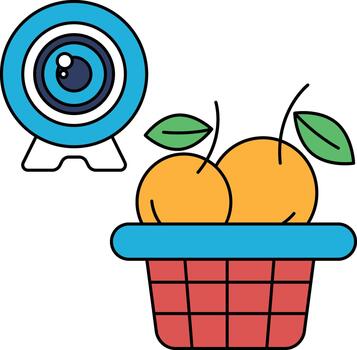 A basket of apples sits on a table next to a camera vector