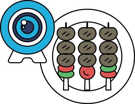 A plate of food with skewers on it and a camera in the background vector