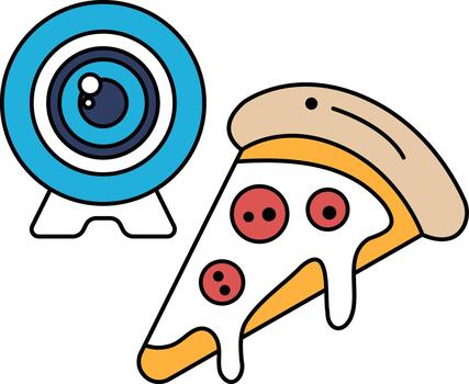 un Pizza con ojos dibujado en eso es siguiente a un cámara vector