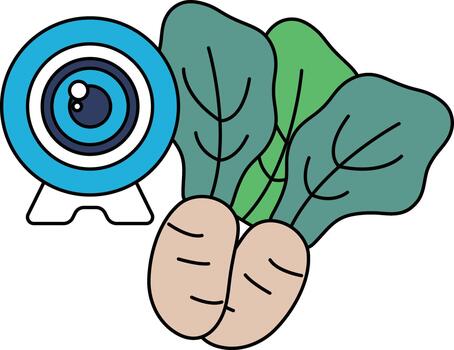 A camera is on a table next to a bunch of vegetables vector