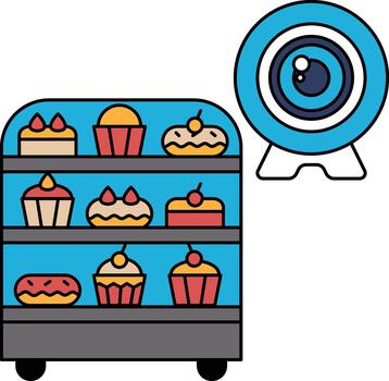 A bakery display case with a camera in the background vector