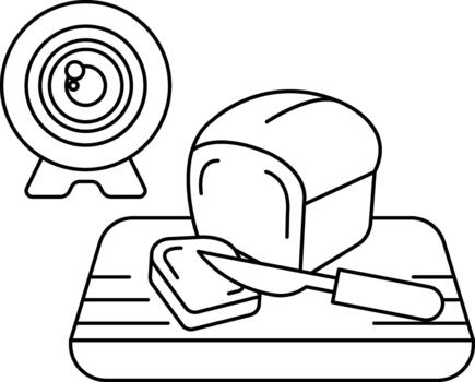 A camera is on a table next to a loaf of bread and a knife vector
