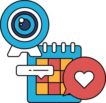 un cámara lente es en un calendario con un corazón y un habla burbuja vector