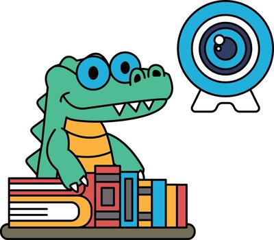 A cartoon crocodile is sitting on a table with a stack of books vector
