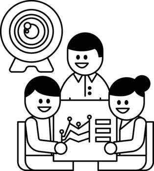 Tres personas son sentado alrededor un mesa con un blanco tablero en frente de ellos vector