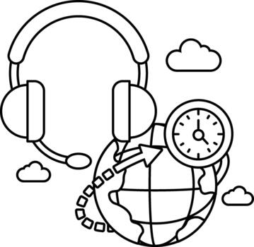 A drawing of a globe with a clock on it and a headset on top of it vector