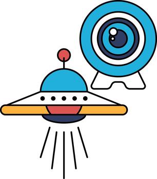 A black and white drawing of a spaceship with a camera on top of it vector