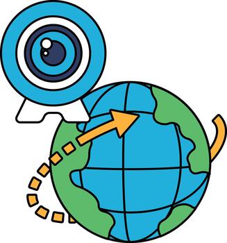 A camera lens is pointing at a globe vector