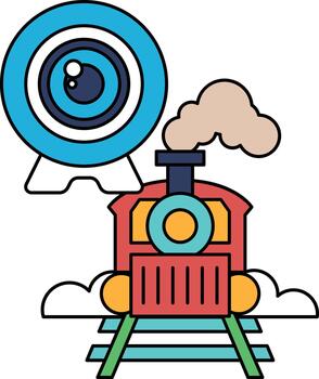 A train is on a track with a camera in the background vector
