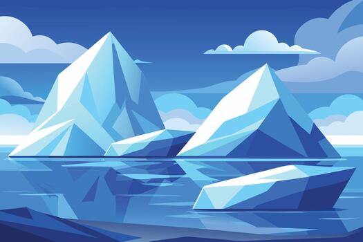Two angular icebergs floating in tranquil blue water vector
