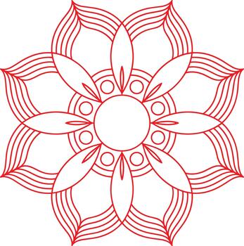 Red symmetrical mandala with concentric circles and petal shapes vector