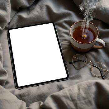 High Angle View Of Tablet With Empty Screen On Grey Sheets photo