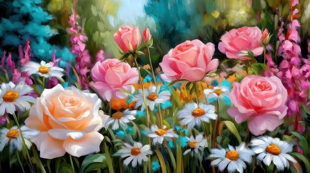 In every garden corner, roses and daisies complement each other, forming lively, colorful, and charming scenes blooming vibes photo