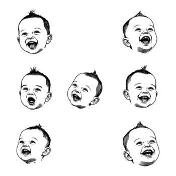 Collection of Multiple Baby Faces with Joyful Laughing Expressions Sheet in Black and White Outline Line Art Drawing Style vector