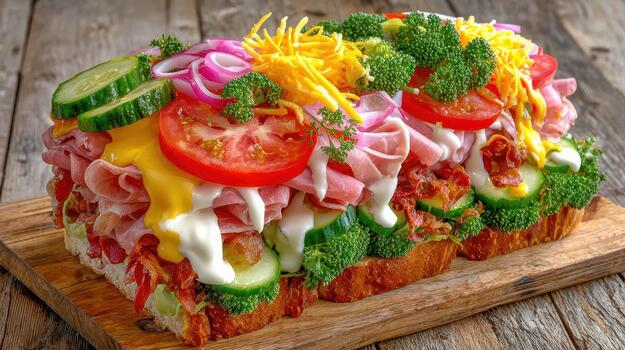 The sandwich is a colorful mix of vegetables, meat, and sauces, making every bite flavorful and fulfilling today perfect bite photo