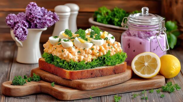 A sandwich with egg salad, fresh greens, and soft bread is a simple yet delicious choice for a light lunch today simple goodness photo