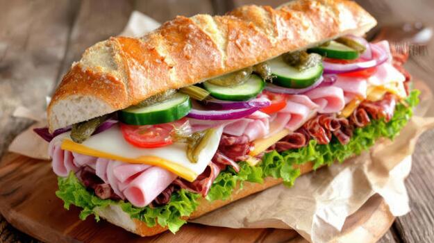 The sandwich is filled with layers of ham, cheese, and fresh vegetables, offering a satisfying combination in every bite fresh bite photo