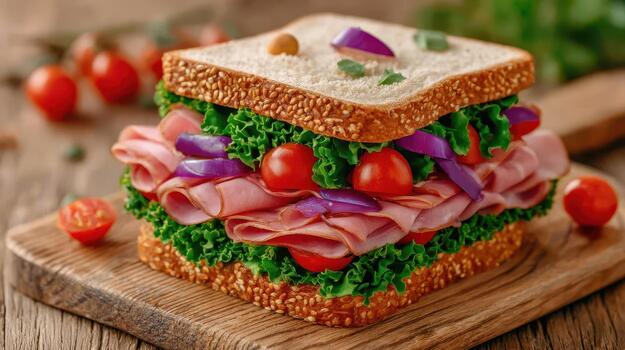 A sandwich loaded with fresh vegetables, lean meats, and soft bread makes lunchtime a colorful and satisfying moment perfect bite photo