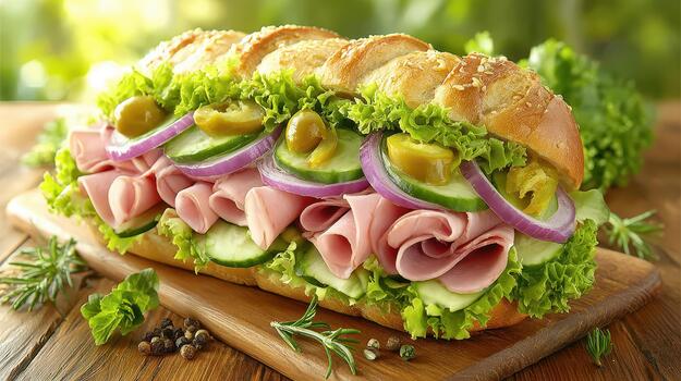 A sandwich loaded with fresh vegetables, lean meats, and soft bread makes lunchtime a colorful and satisfying moment fresh bite photo