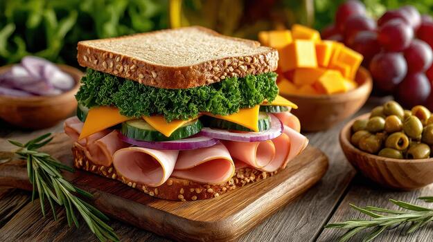 A sandwich loaded with fresh vegetables, lean meats, and soft bread makes lunchtime a colorful and satisfying moment simple goodness photo
