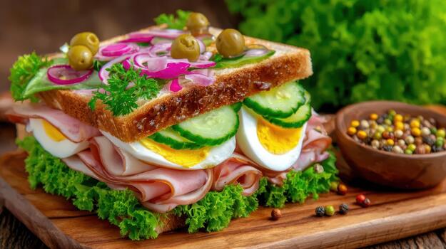 A sandwich stacked with fresh ingredients and sauces is a simple yet satisfying meal perfect for a busy day today fresh bite photo