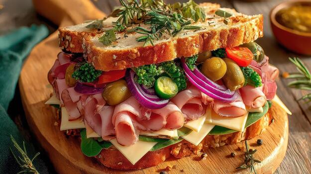 A sandwich stacked with fresh vegetables, meats, and sauces creates a balanced, colorful, and flavorful lunch today simple goodness photo