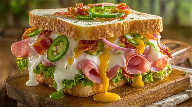 A sandwich stacked with fresh ingredients and sauces is a simple yet satisfying meal perfect for a busy day today perfect bite photo